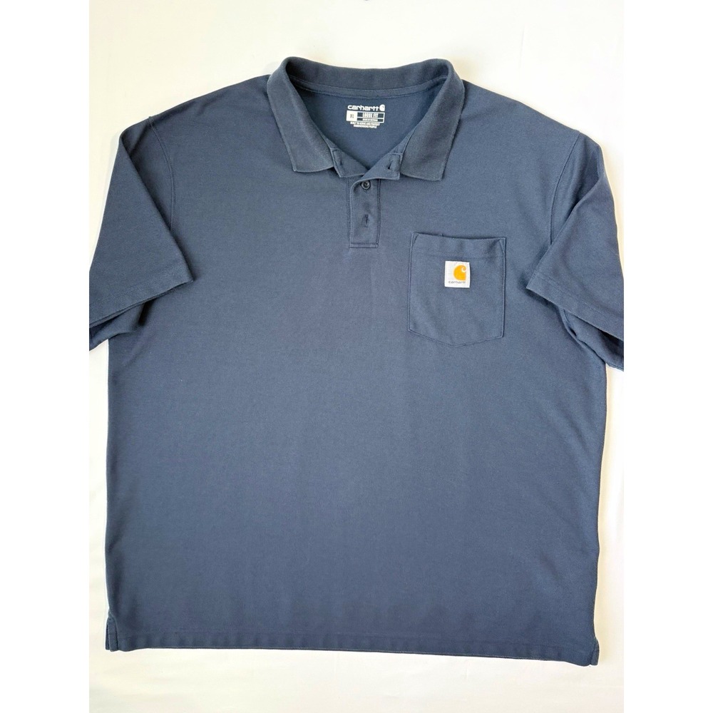 Carhartt Men's XL Blue Solid Knit Polo Shirt Loose Fit Short Sleeve Pocket